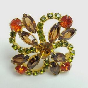 Vintage Colorful Rhinestone Brooch, Green Orange Brown, Glass Prong Set, Estate